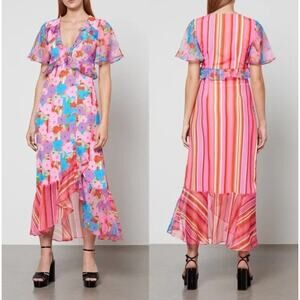 NEVER FULLY DRESSED | Saski Bold Pink Floral Ruffle Hem Midi Dress | Size 6